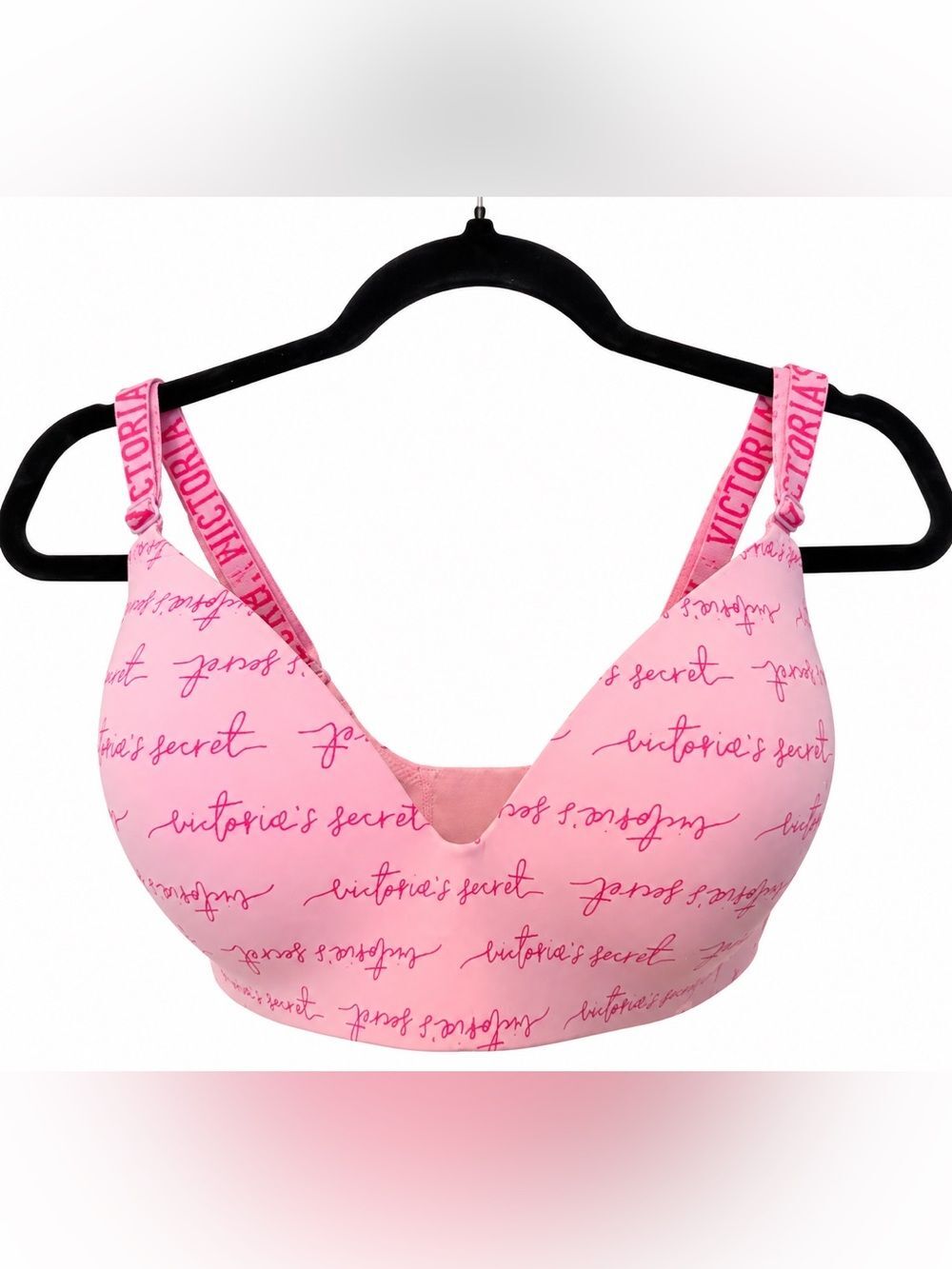 Victoria’s Secret Bra 32DDD Pink Logo Print Padded Plunge Logo Straps